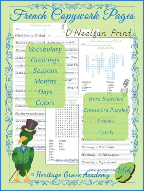 D'Nealian Slant Penmanship French Copywork Pages - Christmas Carols Greetings Sayings - for kids to learn French and handwriting skills.