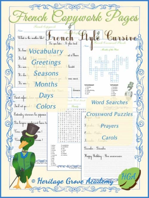 French Style Cursive copywork handwriting books - students can learn French handwriting while learning French language skills, Christmas Carols, common sayings, seasons, months, days, phrases in French - for kids of all ages.