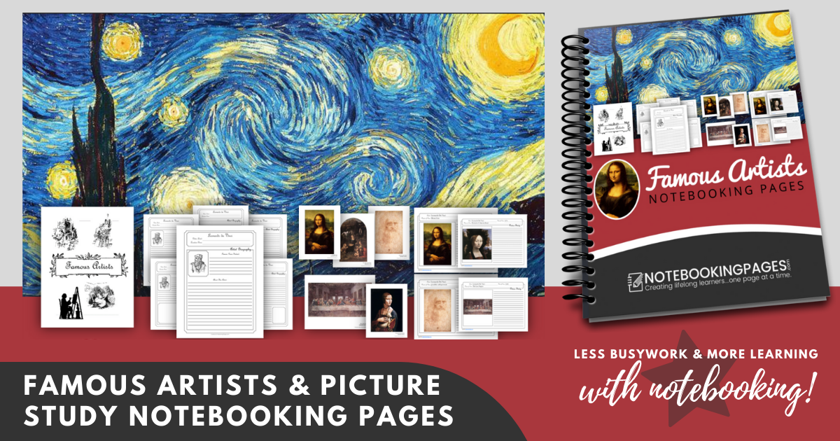 Artist study page - homeschool students art pages for notebooking and worksheet study - famous artists.