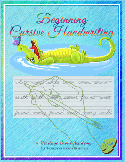 Beginning cursive handwriting book for homeschoolers with prayers, poems, coloring, puzzles, and traditional cursive handwriting penmanship.